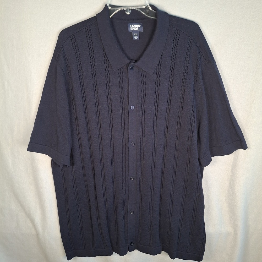 Lands' End Men's 2XL Short Sleeve Sweater Polo Shirt Navy Blue Button Front